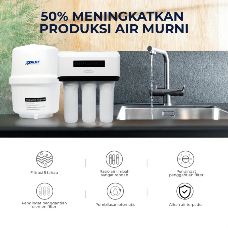 Filter air minum sistem Filter RO Classic+ Desalite untuk menyaring air agar menjadi air bersih dan sehat.Filter air minum sistem Filter RO Classic+ Desalite untuk menyaring air agar menjadi air bersih dan sehat.