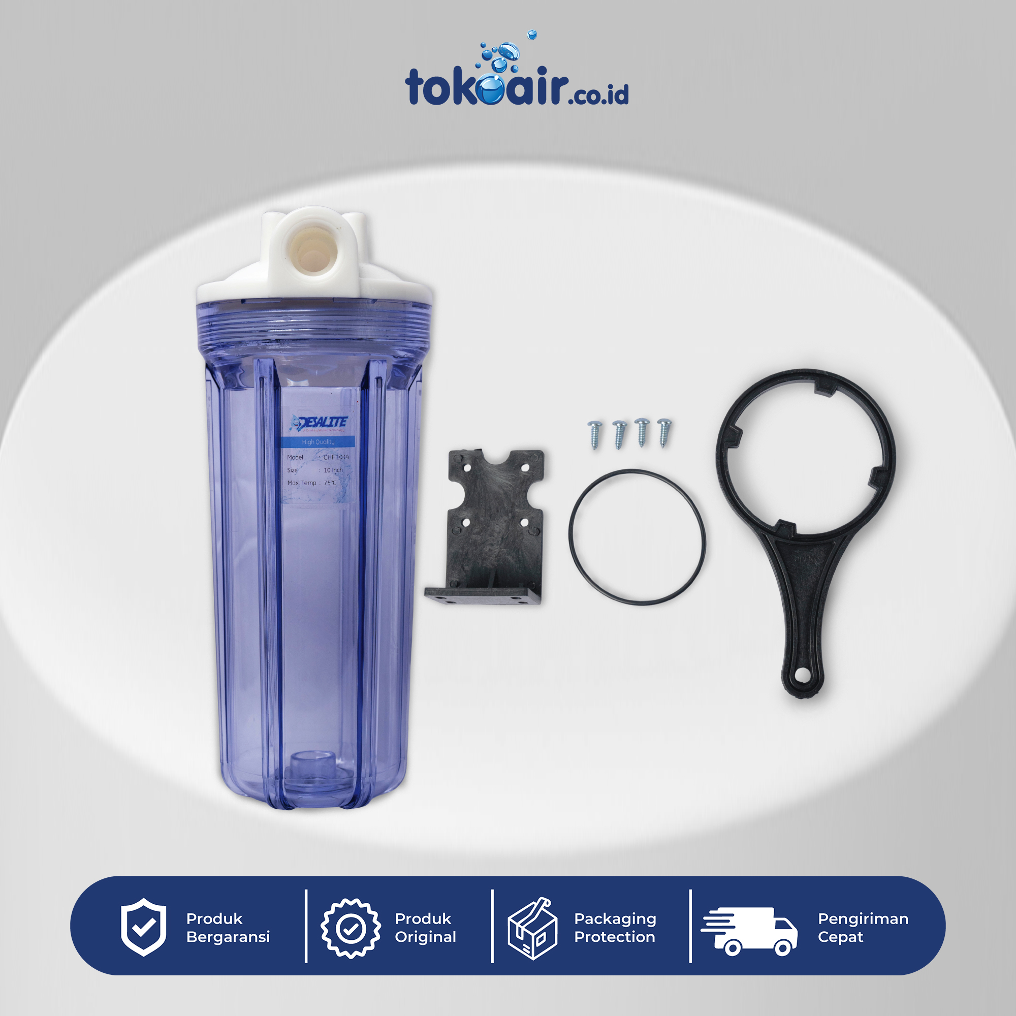 HOUSING CLEAR 10" DRAT 3/4" Komponen filter air housing clear 10 inch drat 3/4 Desalite wadah transparan menempatkan cartridge saringan memantau kondisi media spun sistem Filter RO.