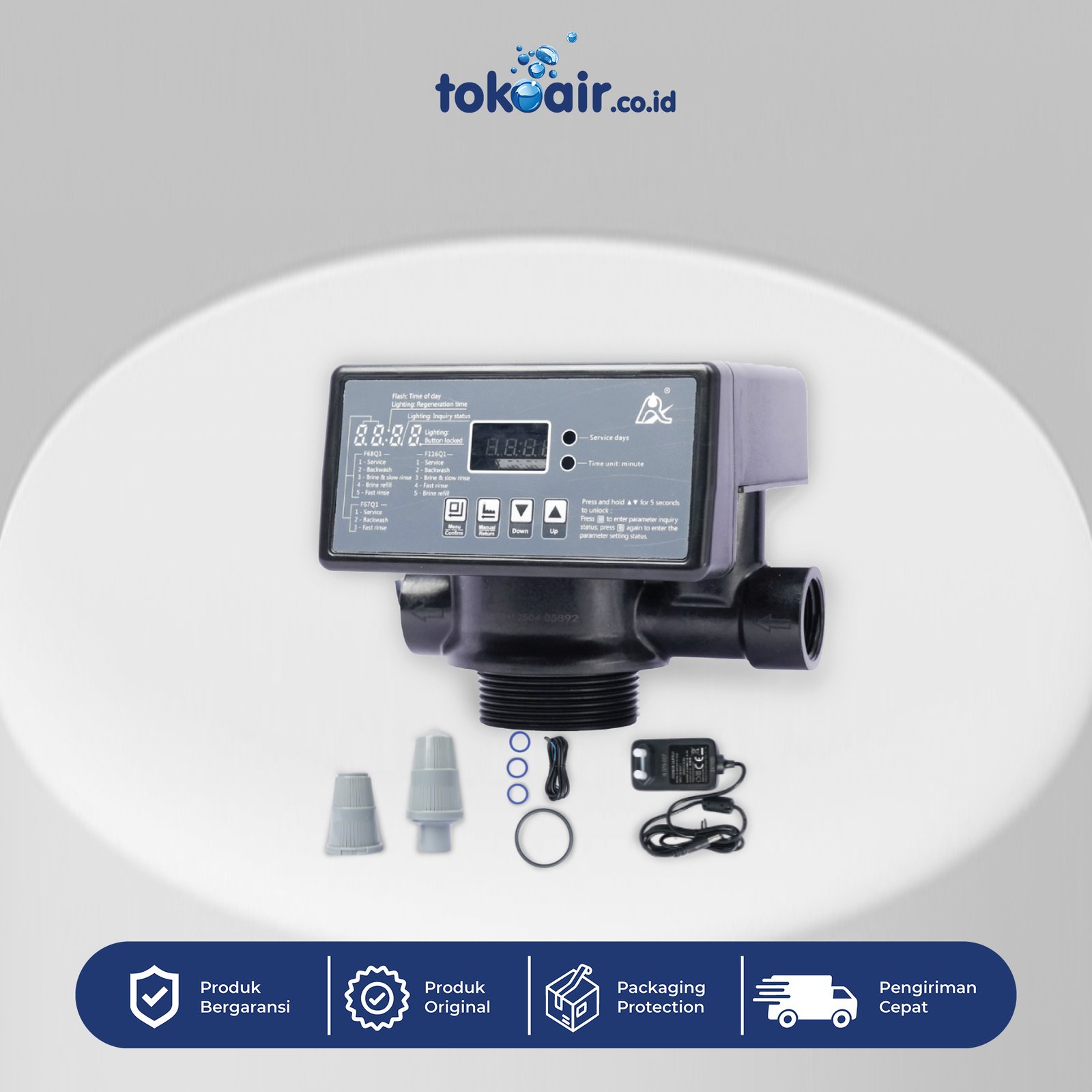 KEPALA TABUNG FILTER DIGITAL OTOMATIS 3 WAY RUNXIN F71Q1 Komponen filter air kepala tabung filter digital otomatis 3 way Runxin F71Q1 pengontrol katup otomatis proses backwash media pasir karbon saringan sistem Filter RO.