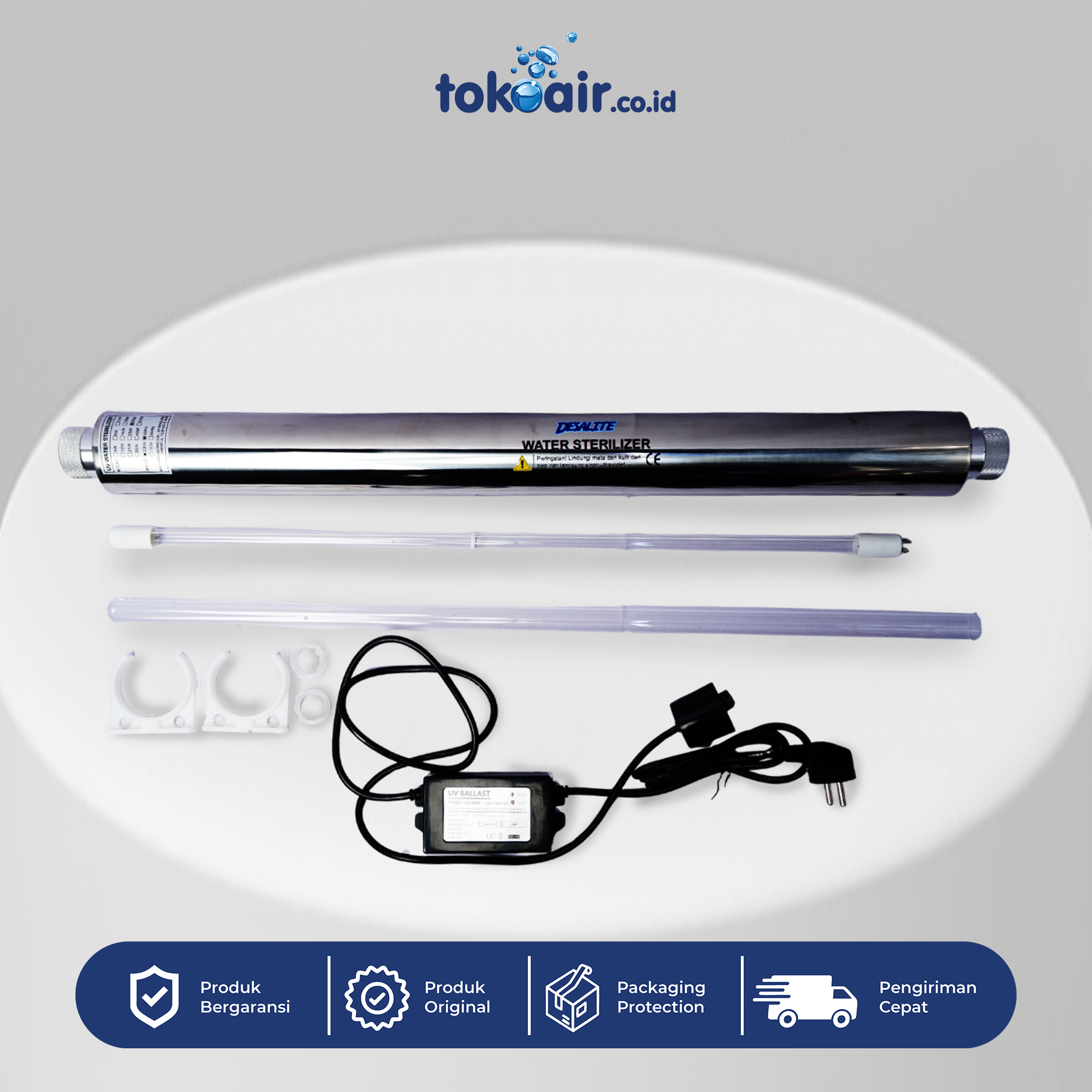 LAMPU UV 8 GPM 30 WATT 1 SET Mesin filter air komponen Lampu UV 8 GPM 30 Watt 1 Set alat sterilisasi kuman dan bakteri merugikan pada sistem Filter RO.