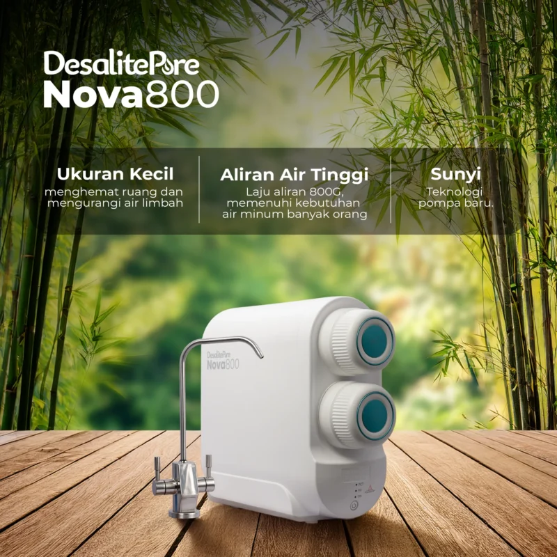 Mesin filter air minum RO Nova 800 tanpa tangki (tankless) dengan indikator TDS digital untuk air bersih yang higienis dan modern.