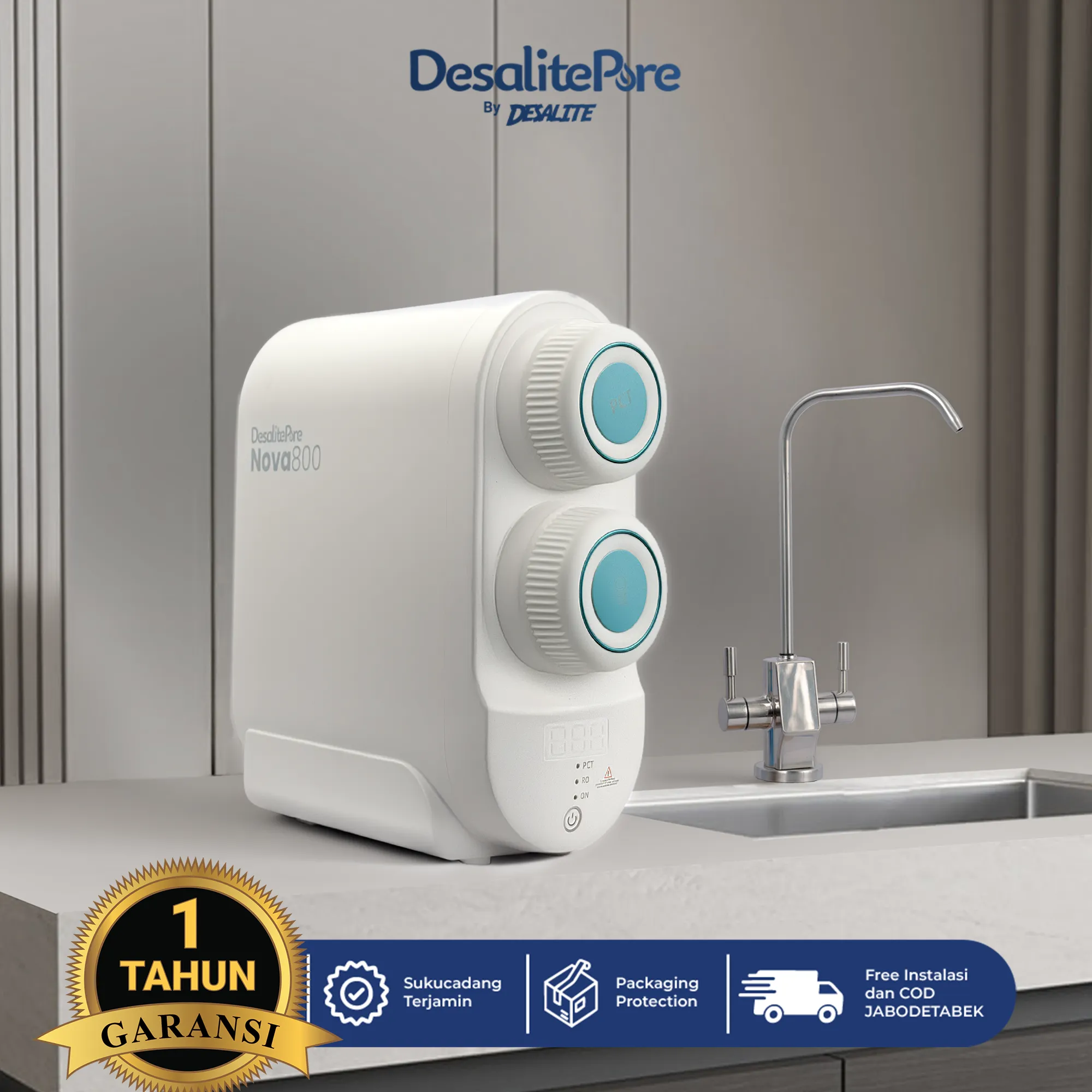 MESIN FILTER AIR MINUM RO - NOVA 800 Mesin filter air minum RO Nova 800 tanpa tangki (tankless) dengan indikator TDS digital untuk air bersih yang higienis dan modern.