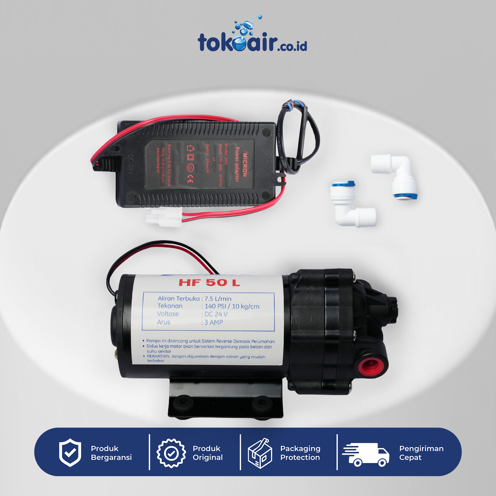 POMPA BOOSTER RO 500 GPD DESALITE 24V 3A komponen Mesin filter air Pompa Booster RO 500 GPD Desalite 24V 3A untuk meningkatkan tekanan air pada Filter RO.
