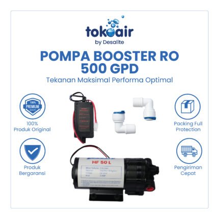 Pompa booster RO 500 GPD Desalite 24V 3A pendorong membran kapasitas besar.