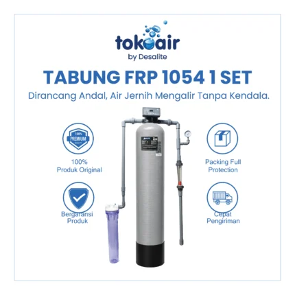 Filter air minum komplit dengan Paket Tabung FRP 1054 1 Set untuk menyaring air sumur kotor menjadi air bersih siap pakai.