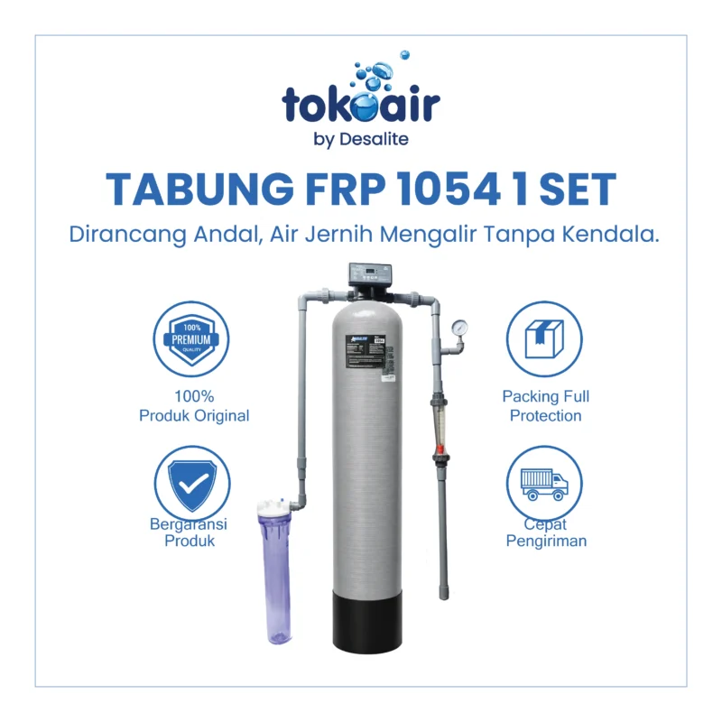 Filter air minum komplit dengan Paket Tabung FRP 1054 1 Set untuk menyaring air sumur kotor menjadi air bersih siap pakai.