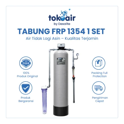 Filter air minum komplit dengan Paket Tabung FRP 1354 1 Set untuk menyaring air sumur kotor menjadi air bersih di perumahan dan area komersial.