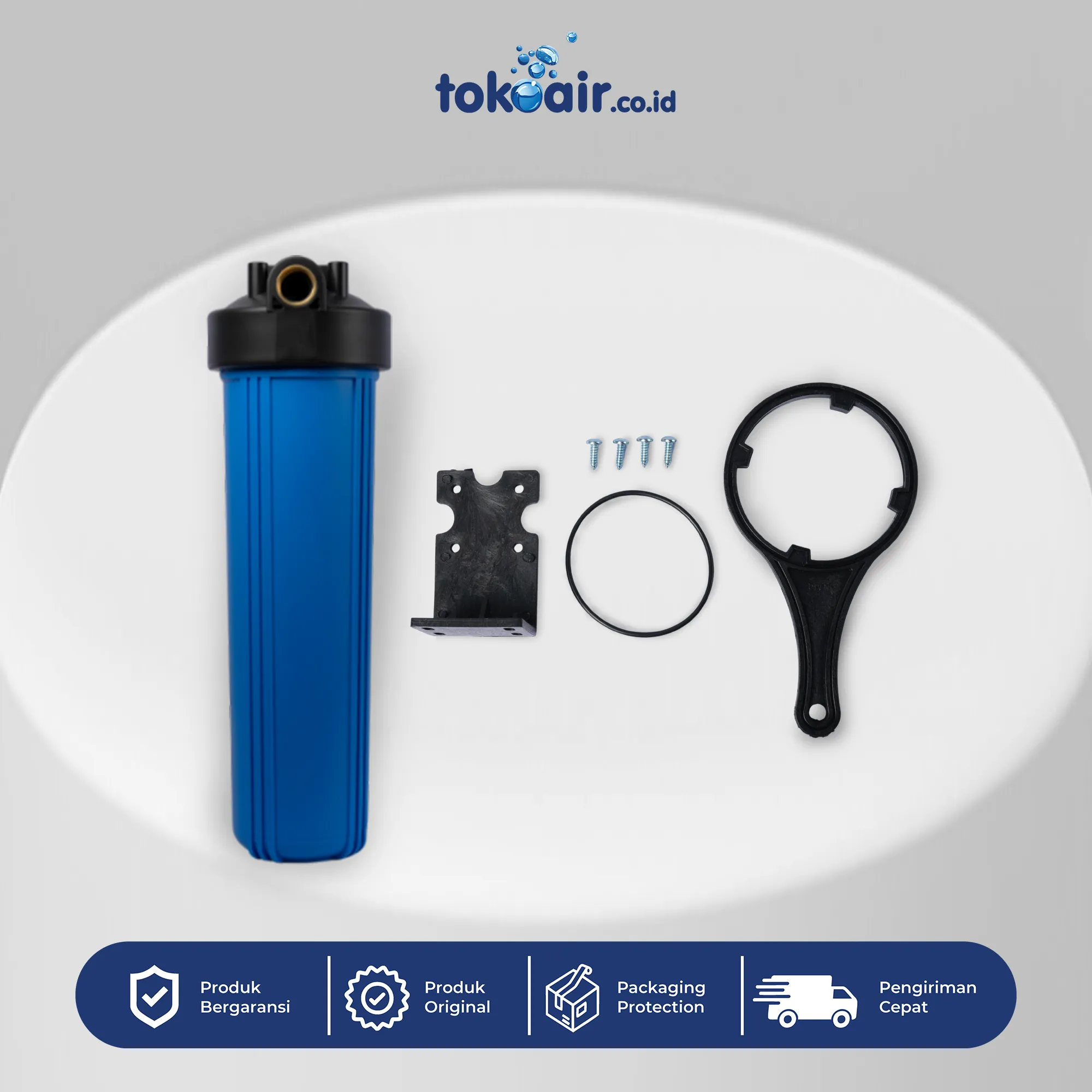 HOUSING BIG BLUE 20" DRAT KUNINGAN Komponen filter air housing big blue 20 inch drat kuningan Desalite wadah biru kapasitas besar dilengkapi ulir tembaga saringan sistem Filter RO.