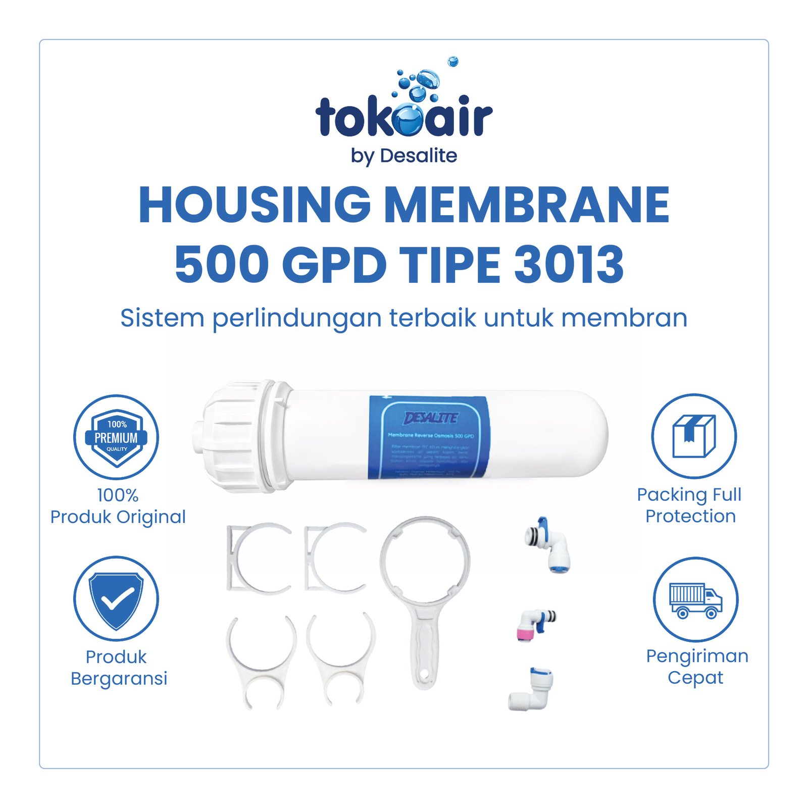 HOUSING MEMBRANE 500 GPD TIPE 3013 Komponen filter air bagian Housing Membrane RO 500 GPD tipe 3013 Desalite tabung casing membran reverse osmosis plastik berpenguat food grade sistem Filter RO.