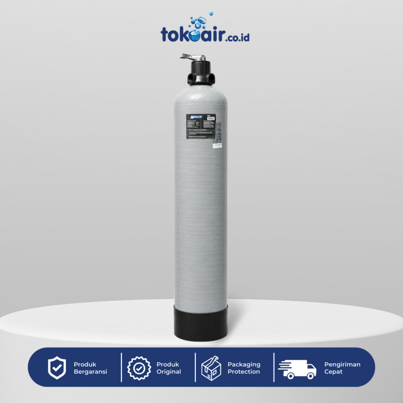 Filter air minum Tabung FRP 1054 dengan Kepala Manual Softener untuk mengeliminasi zat kapur dan menghasilkan air bersih higienis.