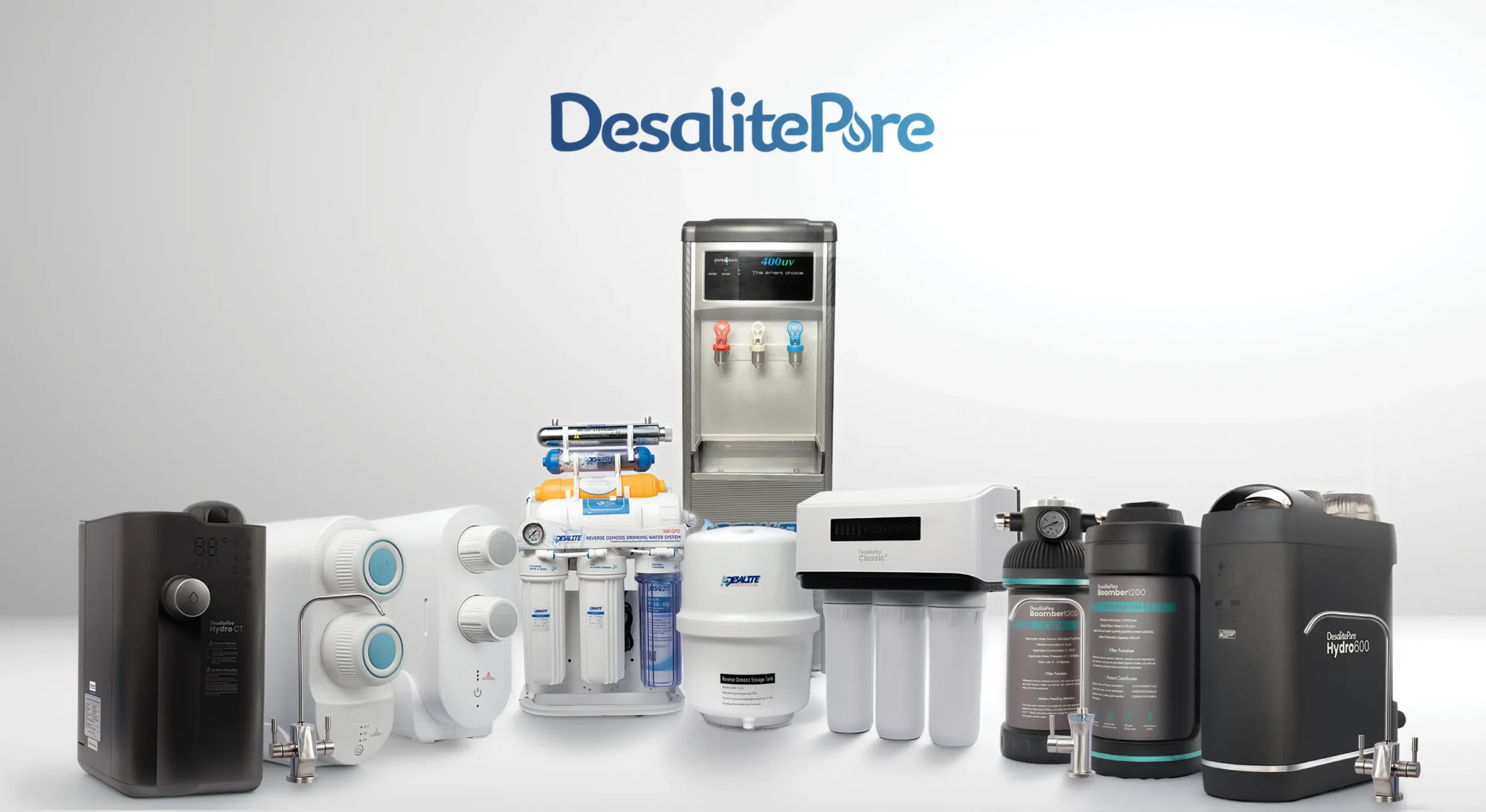 Koleksi mesin filter air Reverse Osmosis DesalitePure dispenser RO undersink dan compact box.