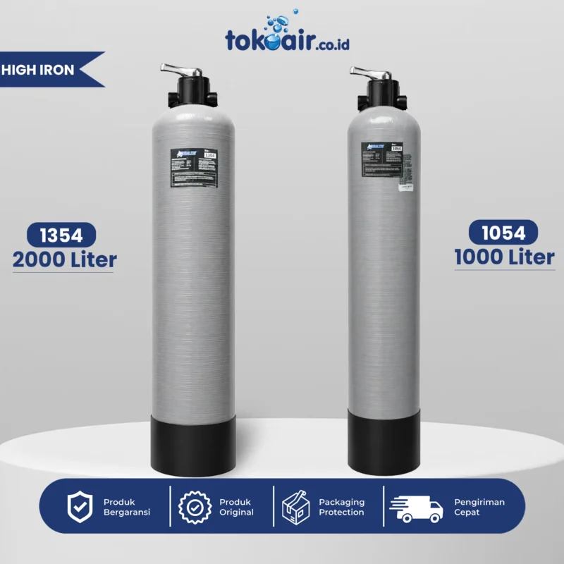 Komponen filter air High Iron Removal tabung FRP Birm Desalite mekanisme manual penjelas solusi air keruh bau besi mengendap hitam sistem Filter RO