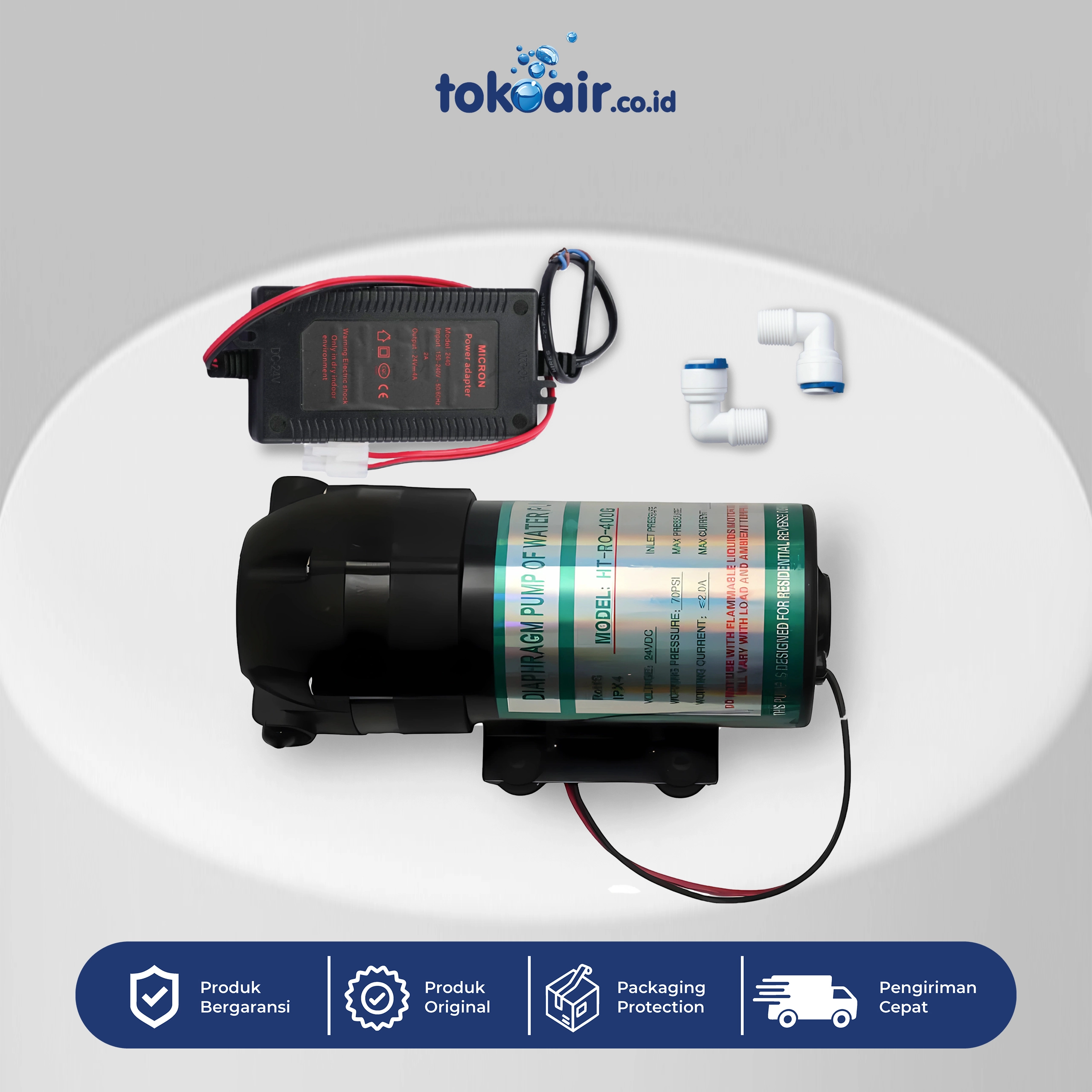 POMPA BOOSTER RO 400 GPD Komponen filter air pompa booster RO 400 GPD DC 24V Desalite tipe pendorong penambah tekanan membran penjamin kestabilan aliran sistem Filter RO